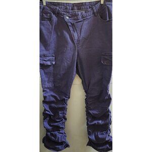 SHEIN CURVE PURPLE CRISS-CROSS-ZIPPER-FLY RUCHED STRETCH CARGO DENIM